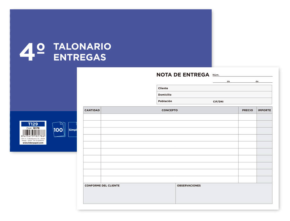 TALONARIO LIDERPAPEL ENTREGAS CUARTO ORIGINAL T129 APAISADO