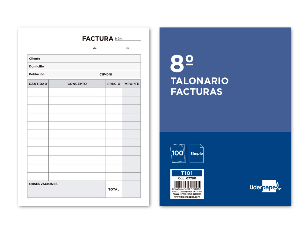 TALONARIO LIDERPAPEL FACTURAS OCTAVO -SIN IVA- 101