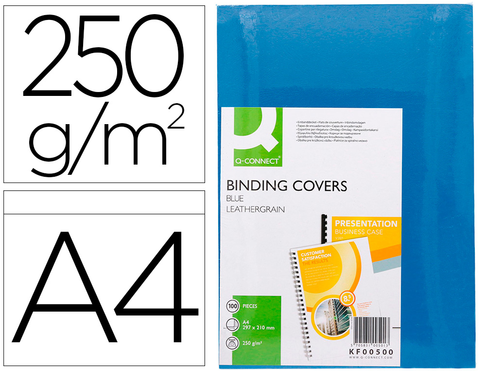 TAPA DE ENCUADERNACION Q-CONNECT CARTON DIN A4 AZUL SIMIL PIEL 250 GR CAJA DE 100 UNIDADES