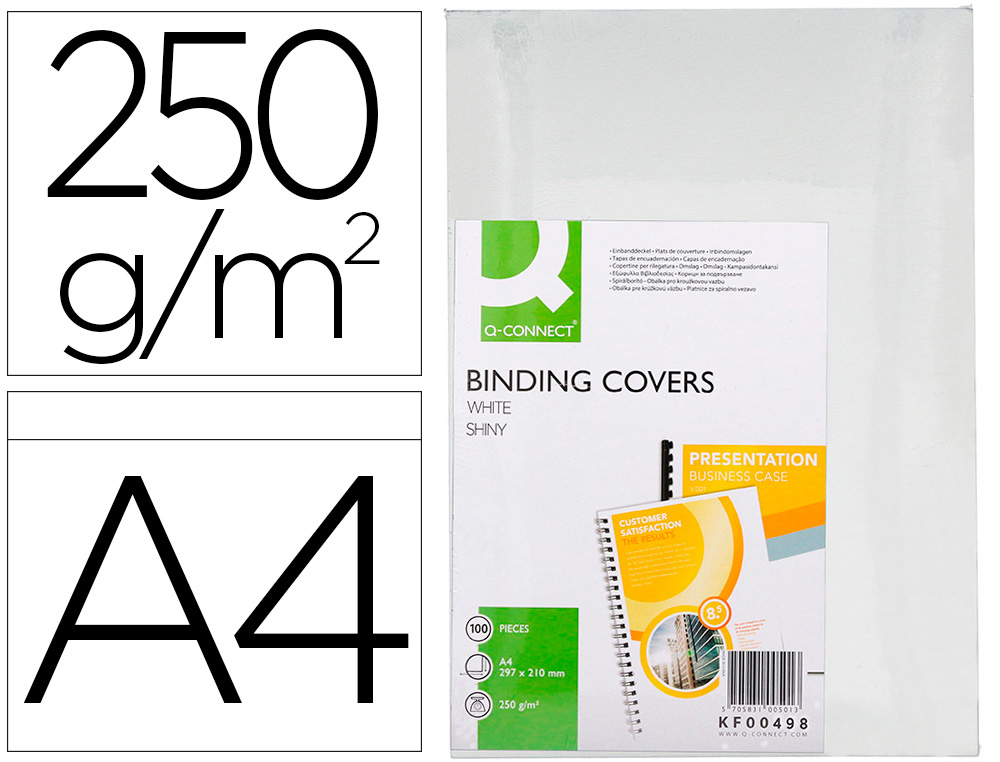 TAPA DE ENCUADERNACION Q-CONNECT CARTON DIN A4 BLANCO BRILLANTE 250 GR CAJA DE 100 UNIDADES