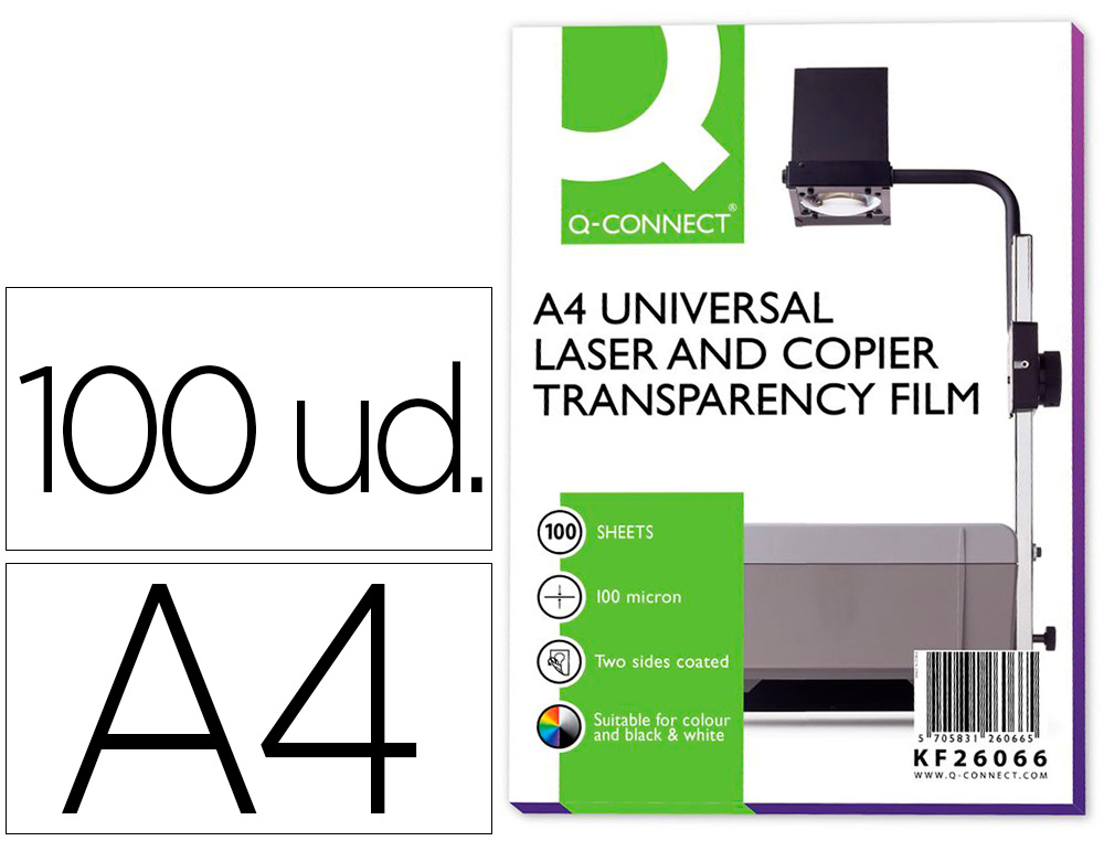 TRANSPARENCIA Q-CONNECT DIN A4 KF26066 PARA FOTOCOPIADORA TRATADA DOS CARAS CAJA DE 100 HOJAS