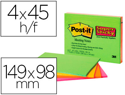 BLOC DE NOTAS ADHESIVAS QUITA Y PON POST-IT SUPER STICKY 152X101 MM CON 45 HOJAS PACK DE 4 UNIDADES COLORES NEON