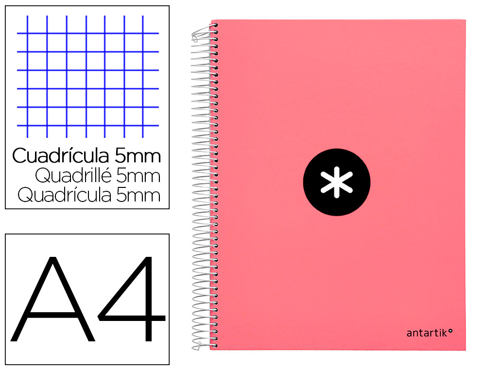 CUADERNO ESPIRAL A4 MICRO ANTARTIK TAPA FORRADA 120H 90 GR CUADRO 5MM 5 BANDAS 4 TALADROS COLOR CORAL