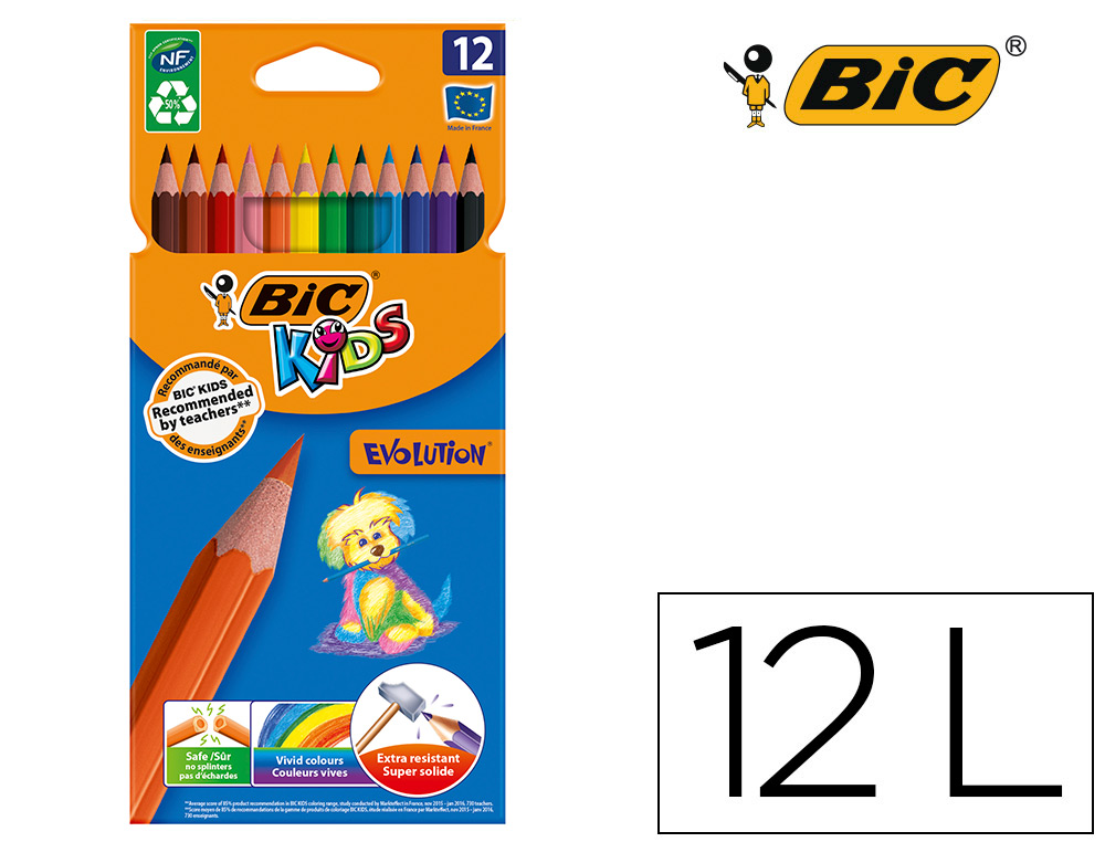 LAPICES DE COLORES BIC KID EVOLUTION ESTUCHE DE 12 COLORES SURTIDOS MINA ULTRA RESISTENTE