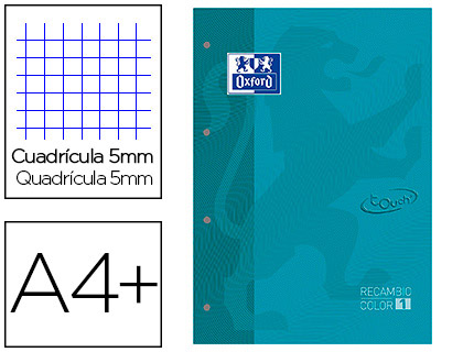 RECAMBIO COLOR 1 OXFORD DIN A4+ 80 HOJAS 90 GR CUADRICULA 5 MM TAPA BLANDA 4 TALADROS AQUA TOUCH