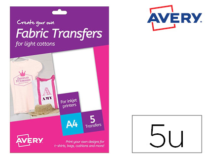 PAPEL TRANSFER AVERY ALGODON CLAROS INK-JET DIN A4 PACK DE 5 HOJAS