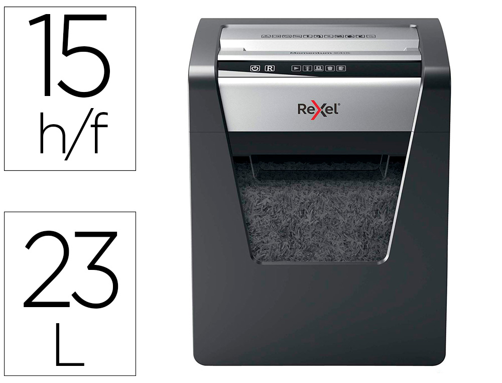 DESTRUCTORA DE DOCUMENTOS REXEL MOMENTUM X415 CAPACIDAD DE CORTE 15 HOJAS DESTRUYE GRAPAS Y CLIPS PAPELERA 23 L