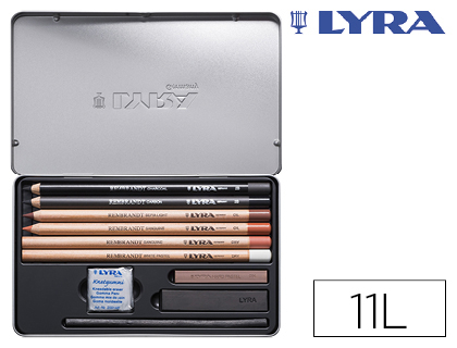 LAPICES LYRA REMBRANDT MONOCROMO CON ACCESORIOS PARA ESBOZOS CAJA METALICA DE 11 UNIDADES