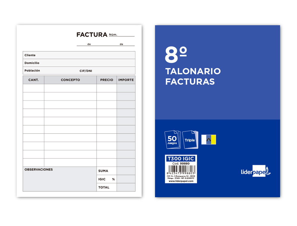 TALONARIO LIDERPAPEL FACTURAS 8º ORIGINAL Y 2 COPIAS T300 CON I.G.I.C.
