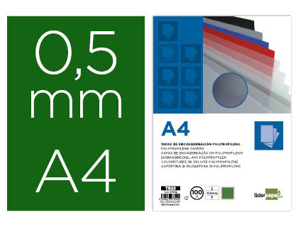 TAPA ENCUADERNACION LIDERPAPEL POLIPROPILENO A4 0.5MM VERDE OPACO PAQUETE DE 100 UNIDADES