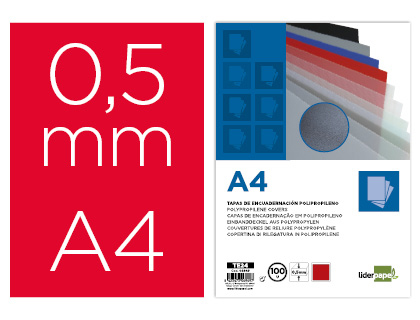 TAPA ENCUADERNACION LIDERPAPEL POLIPROPILENO A4 0.5MM ROJO OPACO PAQUETE DE 100 UNIDADES