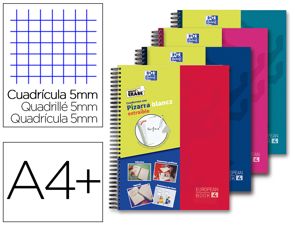 CUADERNO ESPIRAL OXFORD EUROPEANBOOK 5 WRITE&amp;ERASE SCHOOL CLASSIC DIN A4+ 120 HOJAS CUADRO 5 MM CON MARGEN