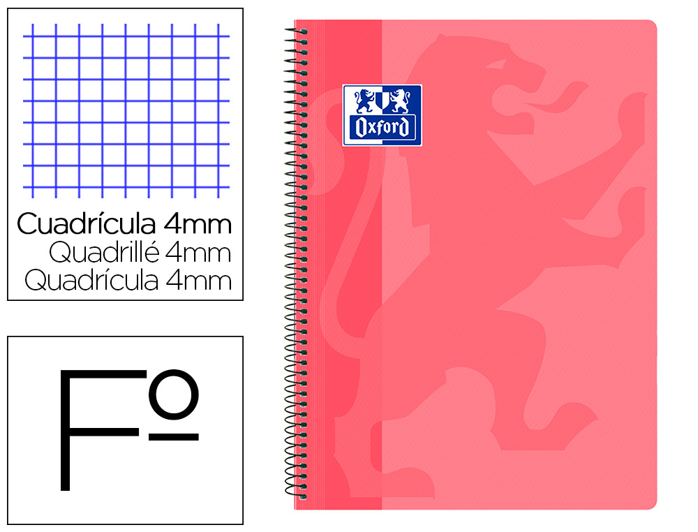 CUADERNO ESPIRAL OXFORD SCHOOL CLASSIC TAPA POLIPROPILENO FOLIO 80 HOJAS CUADRO 4 MM CON MARGEN ROSA