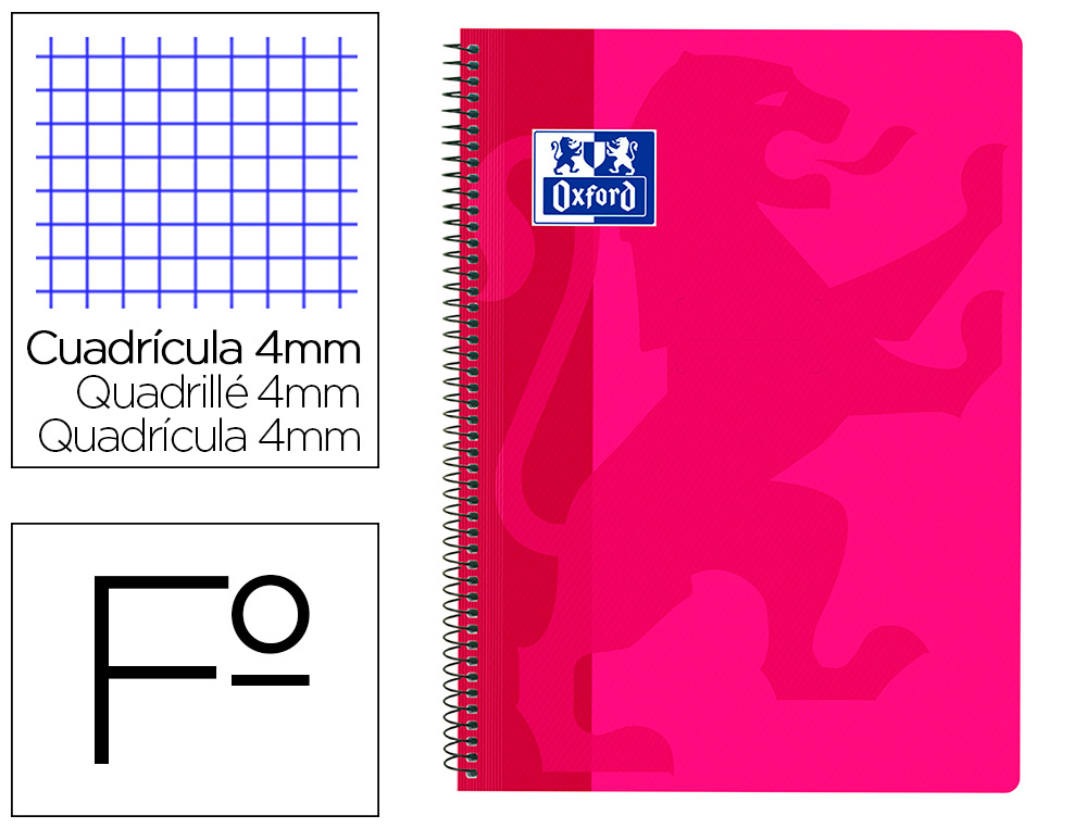 CUADERNO ESPIRAL OXFORD SCHOOL CLASSIC TAPA POLIPROPILENO FOLIO 80 H CUADRO 4 MM CON MARGEN FUCSIA