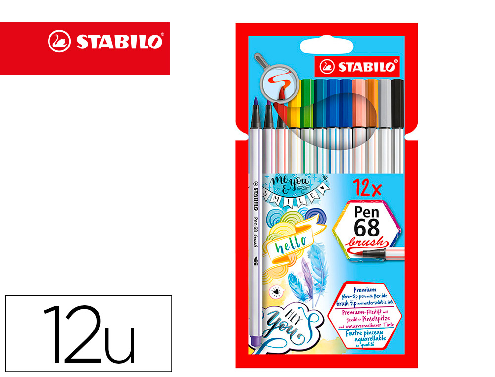 ROTULADOR STABILO ACUARELABLE PEN 68 BRUSH PUNTA PINCEL ESTUCHE DE 12 UNIDADES COLORES SURTIDOS