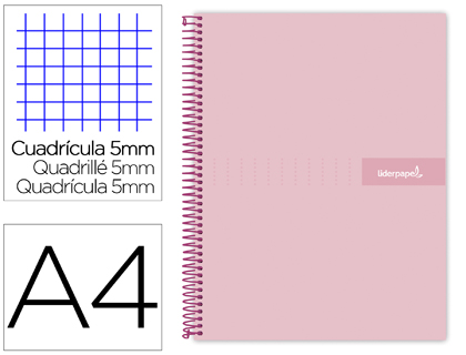 CUADERNO ESPIRAL LIDERPAPEL A4 MICRO CRAFTY TAPA FORRADA 120H 90 GR CUADRO 5 MM 5 BANDAS 4 COLORES COLOR ROSA