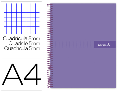 CUADERNO ESPIRAL LIDERPAPEL A4 MICRO CRAFTY TAPA FORRADA 120H 90GR CUADRO 5MM 5 BANDAS 4 TALADROS COLOR VIOLETA