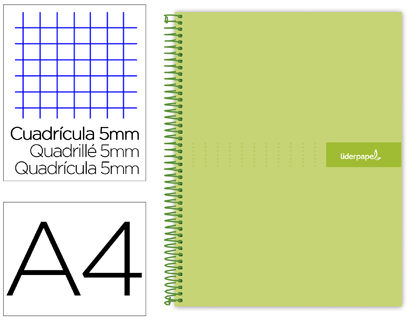 CUADERNO ESPIRAL LIDERPAPEL A4 MICRO CRAFTY TAPA FORRADA 120H 90 GR CUADRO 5 MM 5 BANDAS 4 COLORES COLOR VERDE