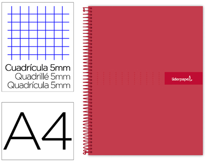 CUADERNO ESPIRAL LIDERPAPEL A4 MICRO CRAFTY TAPA FORRADA 120H 90 GR CUADRO 5 MM 5 BANDAS 4 COLORES COLOR ROJO