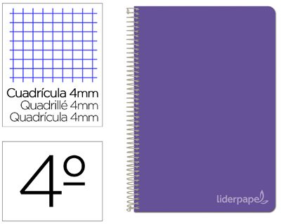 CUADERNO ESPIRAL LIDERPAPEL CUARTO WITTY TAPA DURA 80H 75GR CUADRO 4MM CON MARGEN COLOR VIOLETA