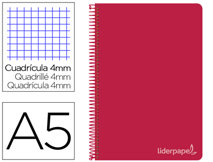CUADERNO ESPIRAL LIDERPAPEL CUARTO WITTY TAPA DURA 80H 75GR CUADRO 4MM CON MARGEN COLOR ROJO