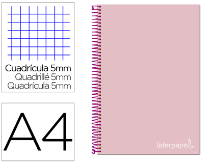 CUADERNO ESPIRAL LIDERPAPEL A4 MICRO JOLLY TAPA FORRADA 140H 75 GR CUADRO 5MM 5 BANDAS 4 TALADROS COLOR ROSA