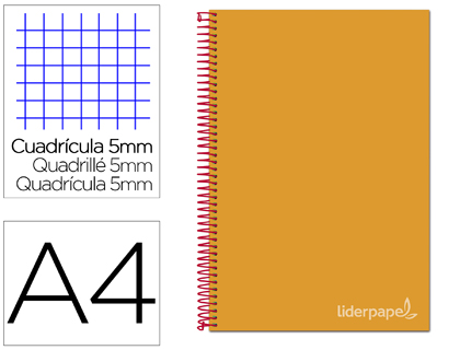 CUADERNO ESPIRAL LIDERPAPEL A4 MICRO JOLLY TAPA FORRADA 140H 75 GR CUADRO 5MM 5 BANDAS4 TALADROS COLOR NARANJA