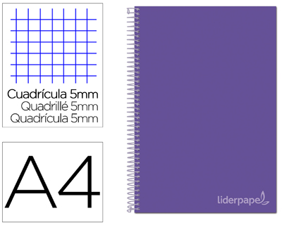 CUADERNO ESPIRAL LIDERPAPEL A4 MICRO JOLLY TAPA FORRADA 140H 75 GR CUADRO 5MM 5 BANDAS 4 TALADROS COLOR LILA