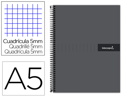 CUADERNO ESPIRAL LIDERPAPEL A5 MICRO CRAFTY TAPA FORRADA 120H 90 GR CUADRO 5MM 5 BANDAS6 TALADROS COLOR NEGRO