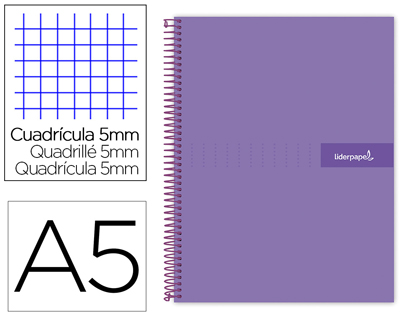 CUADERNO ESPIRAL LIDERPAPEL A5 MICRO CRAFTY TAPA FORRADA 120H 90 GR CUADRO 5MM 5 BANDAS6 TALADROS COLOR VIOLETA