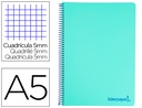 [BJ16] CUADERNO ESPIRAL LIDERPAPEL A5 MICRO WONDER TAPA PLASTICO 120H 90G CUADRO 5MM 5 BANDAS 6 TALADRO COLOR VERDE TURQUESA