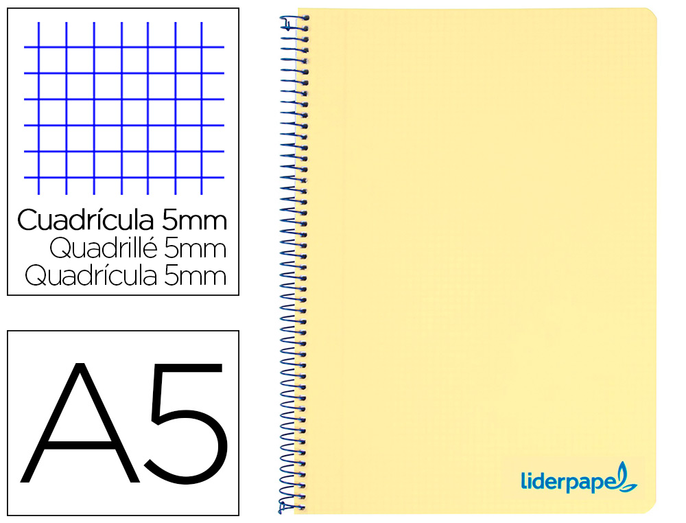 CUADERNO ESPIRAL LIDERPAPEL A5 MICRO WONDER TAPA PLASTICO 120H 90G CUADRO 5MM 5 BANDAS 6 TALADROS COLOR AMARILLO