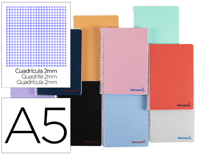 CUADERNO ESPIRAL LIDERPAPEL A5 WONDER TAPA PLASTICO 80H 90G MILIMETRADO 2MM COLORES SURTIDOS