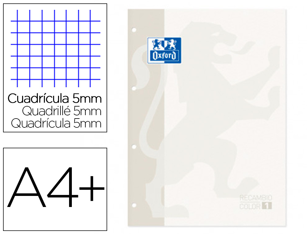 RECAMBIO COLOR 1 OXFORD DIN A4+ 80 HOJAS 90 GR CUADRO 5 MM 4 TALADROS COLOR BLANCO