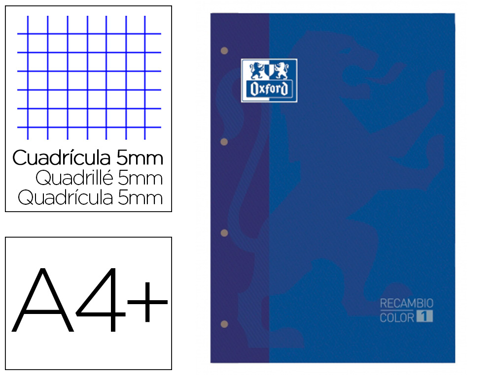 RECAMBIO COLOR 1 OXFORD DIN A4+ 80 HOJAS 90 GR CUADRO 5 MM 4 TALADROS COLOR AZUL OSCURO