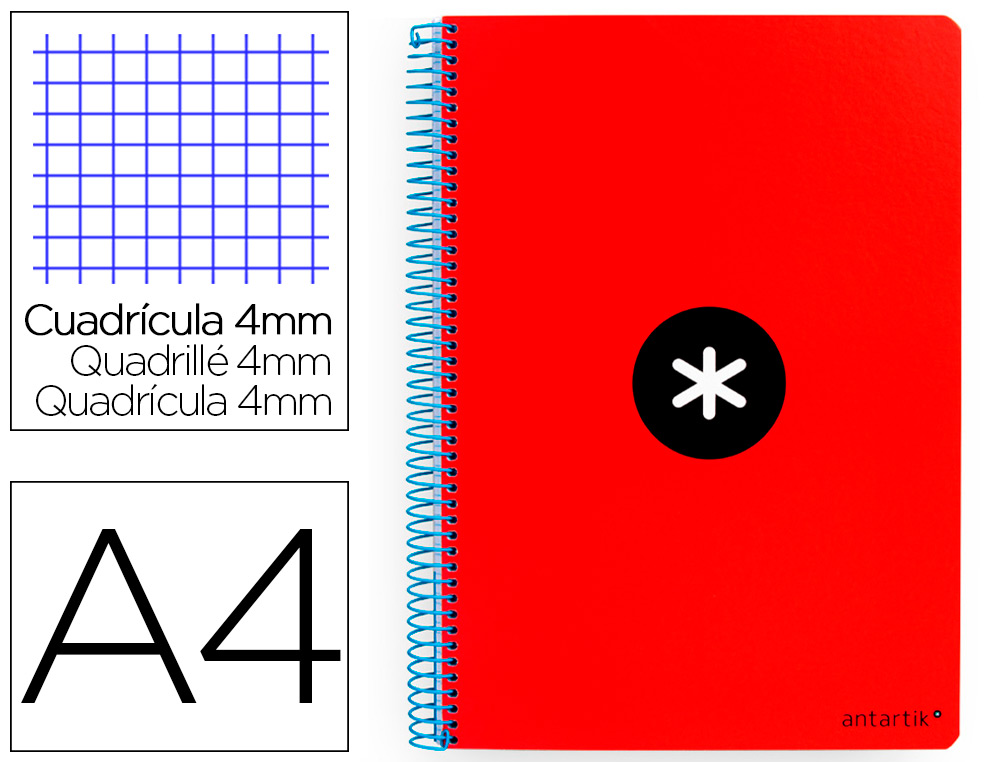 CUADERNO ESPIRAL A4 ANTARTIK TAPA DURA 80H 90GR CUADRO 4MM CON MARGEN COLOR ROJO
