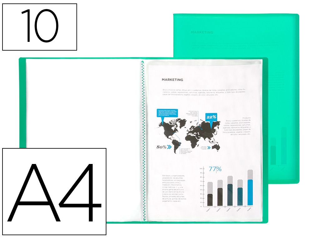 CARPETA LIDERPAPEL ESCAPARATE 10 FUNDAS POLIPROPILENO DIN A4 VERDE TRANSLUCIDO