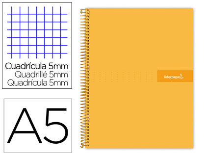 CUADERNO ESPIRAL LIDERPAPEL A5 MICRO CRAFTY TAPA FORRADA 120H 90 GR CUADRO 5MM 5 BANDAS6 TALADROS COLOR NARANJA