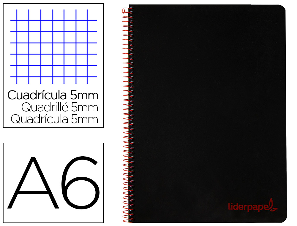 CUADERNO ESPIRAL LIDERPAPEL A6 MICRO WONDER TAPA PLASTICO 120H 90 GR CUADRO 5MM 4 BANDAS COLOR NEGRO