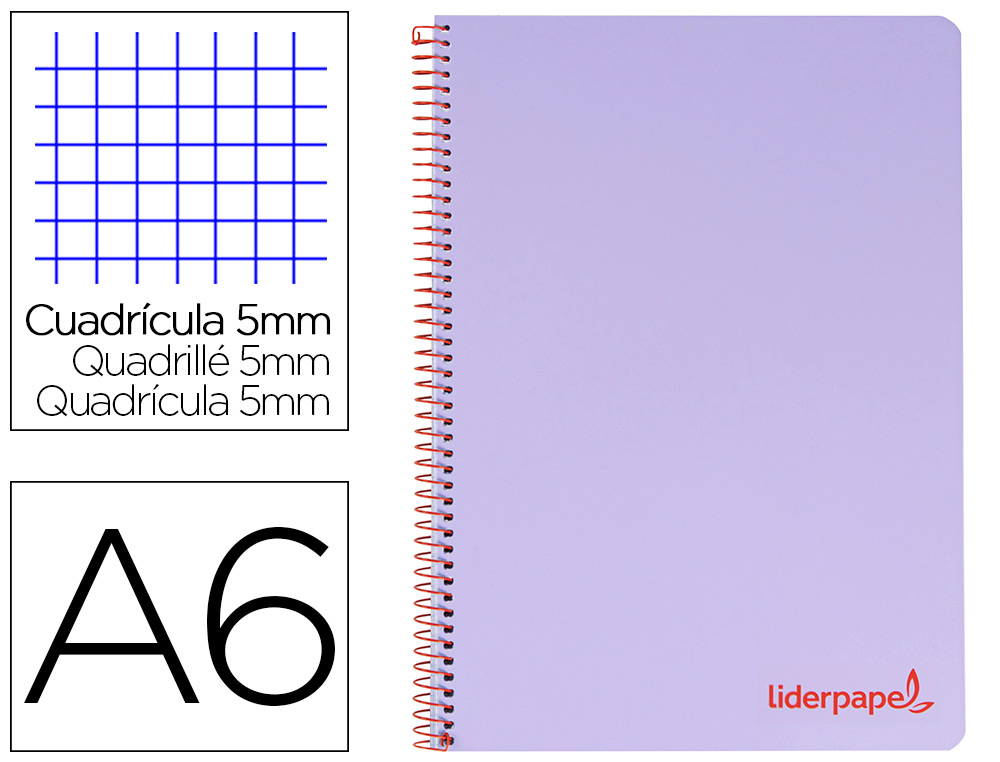 CUADERNO ESPIRAL LIDERPAPEL A6 MICRO WONDER TAPA PLASTICO 120H 90 GR CUADRO 5MM 4 BANDAS COLOR VIOLETA