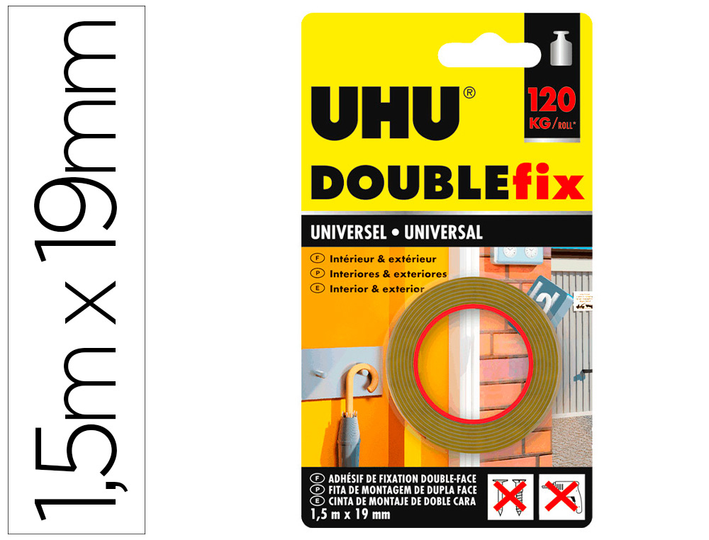 CINTA ADHESIVA UHU DOUBLEFIX MARRON DOBLE CARA EXTRA FUERTE 1,5 MT X 19 MM