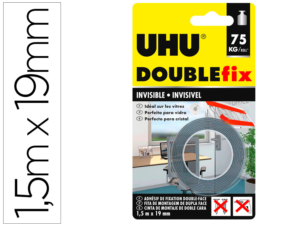 CINTA ADHESIVA UHU DOUBLEFIX INVISIBLE DOBLE CARA EXTRA FUERTE 1,5 MT X 19 MM