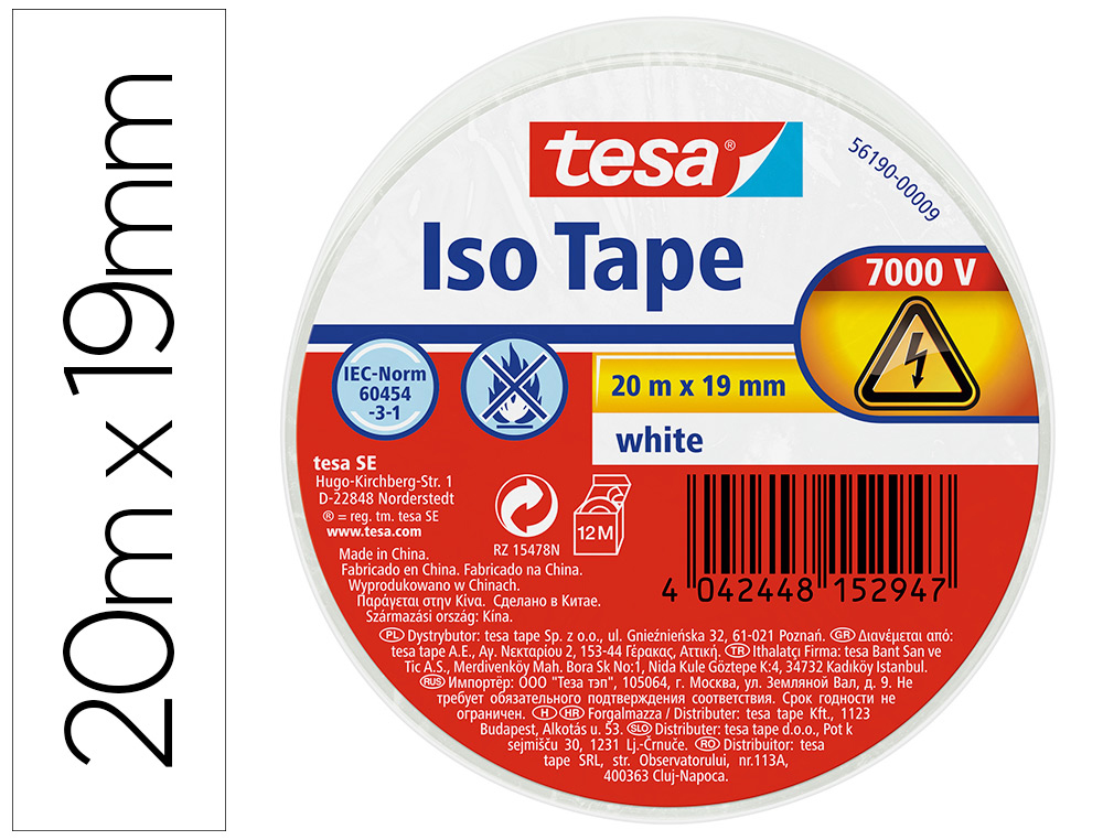 CINTA ADHESIVA AISLANTE TESA 20 MT X 19 MM COLOR BLANCO