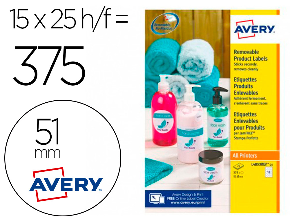 ETIQUETA ADHESIVA AVERY BLANCA REDONDA REMOVIBLE PARA LASER INK-JET FOTOCOPIADORA 51 MM CAJA DE 375 UNIDADES
