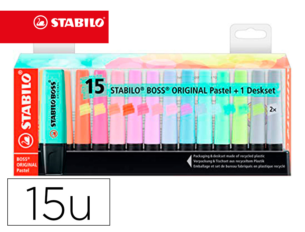 ROTULADOR STABILO BOSS FLUORESCENTE 70 PASTEL DESKSET ESTUCHE DE 15 UNIDADES COLORES SURTIDOS