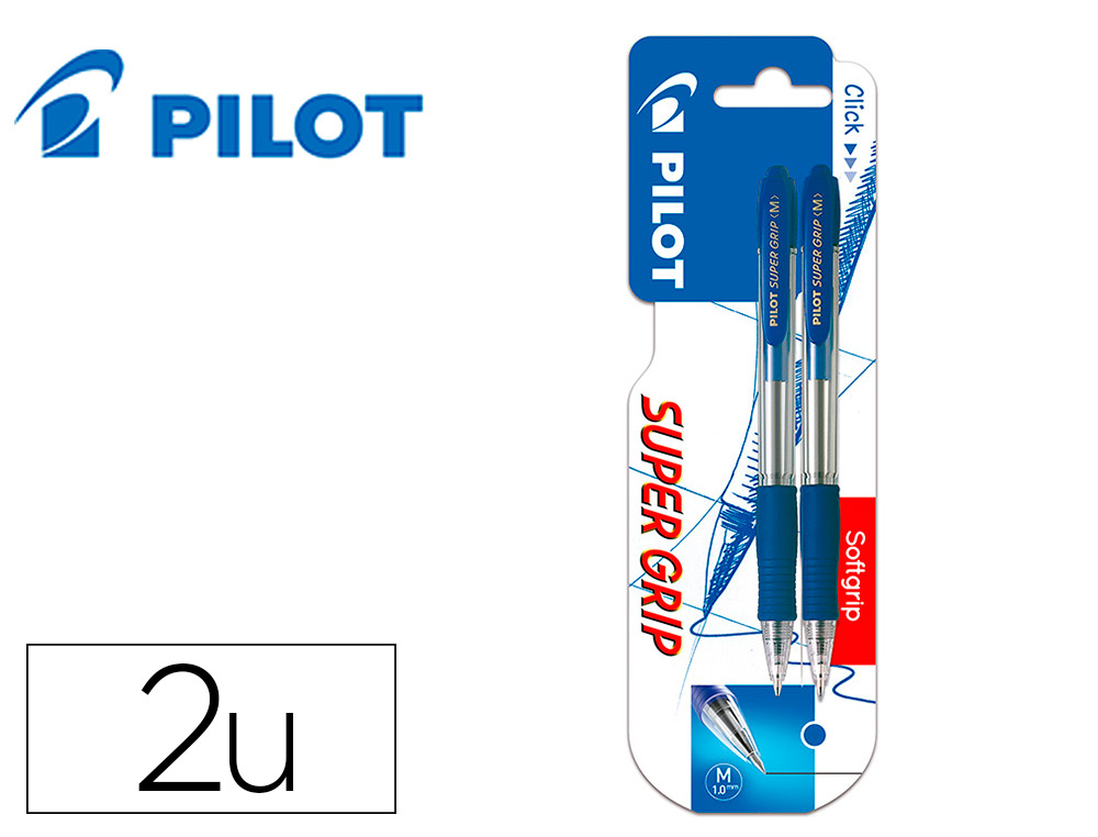 BOLIGRAFO PILOT SUPER GRIP AZUL RETRACTIL SUJECION DE CAUCHO TINTA BASE DE ACEITE EN BLISTER DE 2 UNIDADES