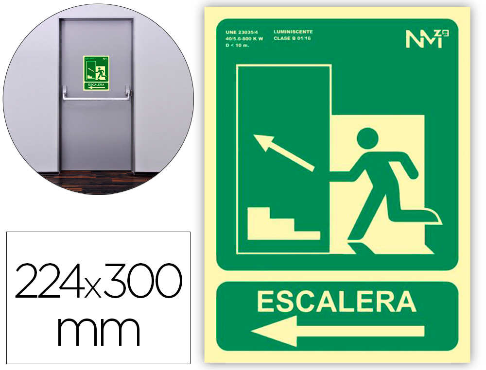 PICTOGRAMA ARCHIVO 2000 SALIDA EMERGENCIA ESCALERA SUBE IZQUIERDA PVC VERDE LUMINISCENTE 224X300 MM