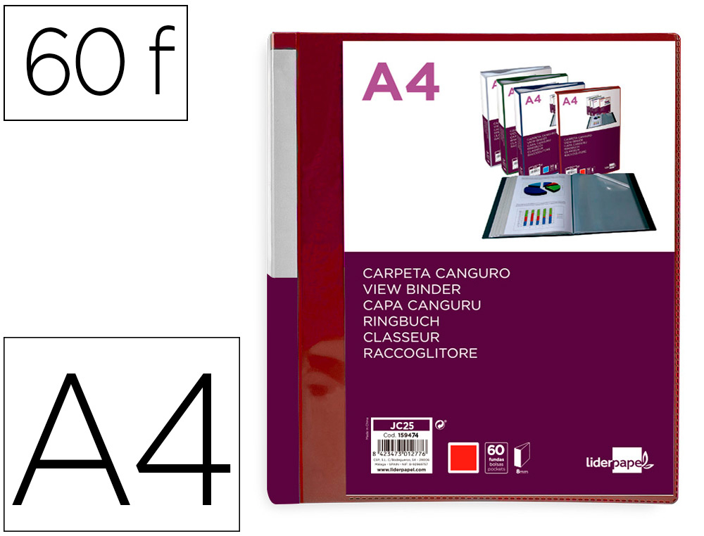 CARPETA LIDERPAPEL 60 FUNDAS CANGURO PP DIN A4 ROJO TRANSLUCIDO PORTADA Y LOMO PERSONALIZABLE