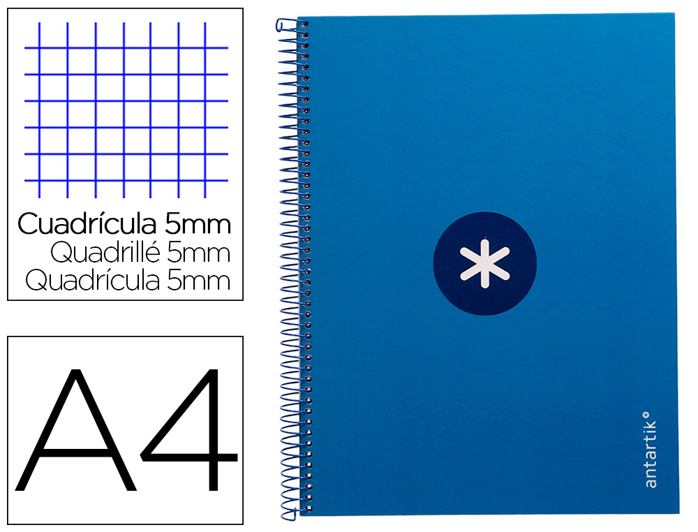 CUADERNO ESPIRAL LIDERPAPEL A4 MICRO ANTARTIK TAPA FORRADA 80H 90 GR CUADRO 5MM 1 BANDA 4 TALADROS AZUL OSCURO