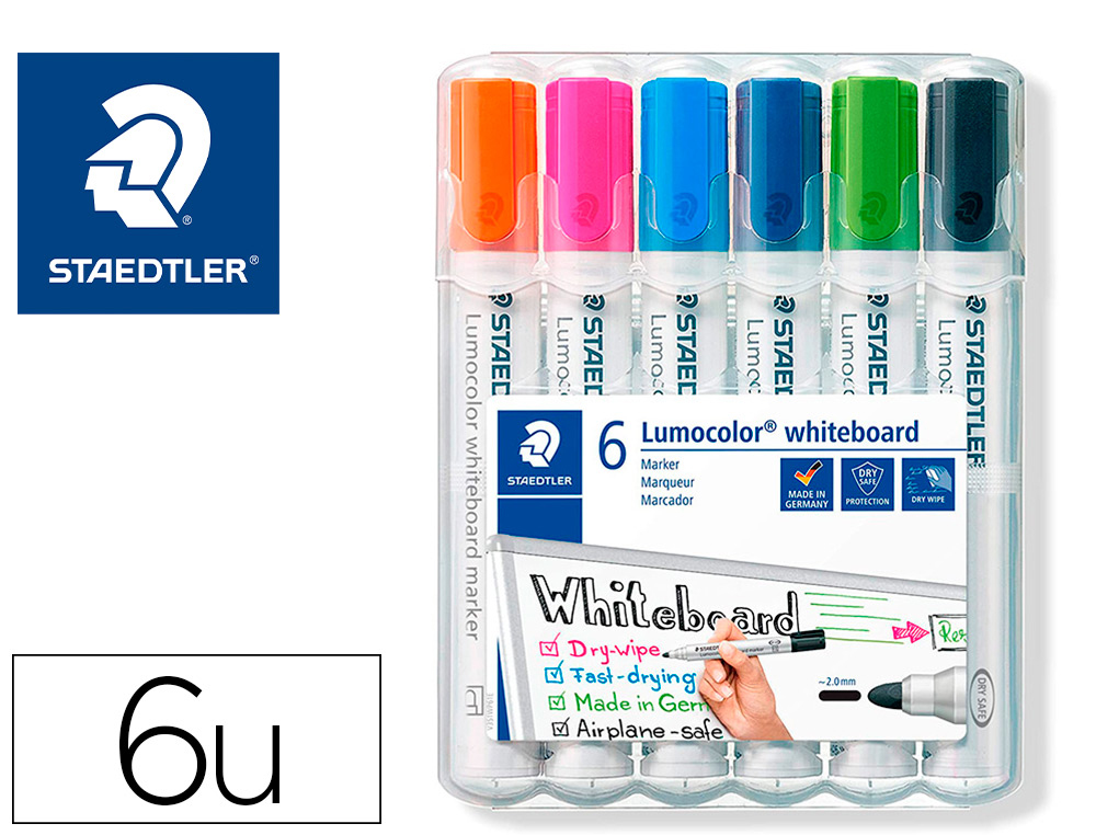 ROTULADOR STAEDTLER LUMOCOLOR 351 PARA PIZARRA BLANCA PUNTA REDONDA 2 MM RECARGABLE ESTUCHE 6 UNIDADES COLORES